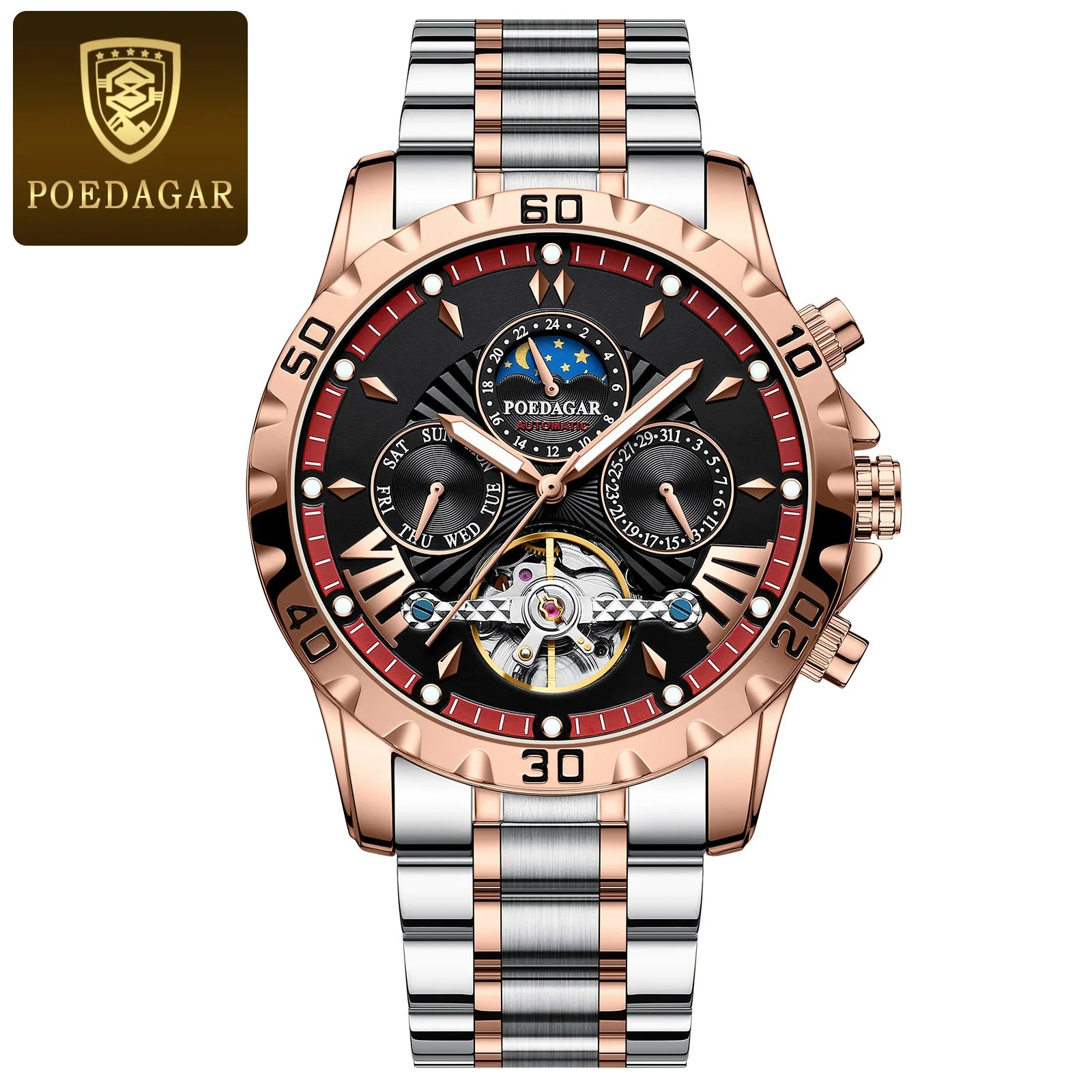 POEDAGAR 1410 Lüks Tourbillon Mekanik Erkek Kol Saati – Su Geçirmez, Işıltılı (Lüminesans Özellikli), Tarih ve Gün Göstergeli, Paslanmaz Çelik, İskelet (Hollow) Tasarım
