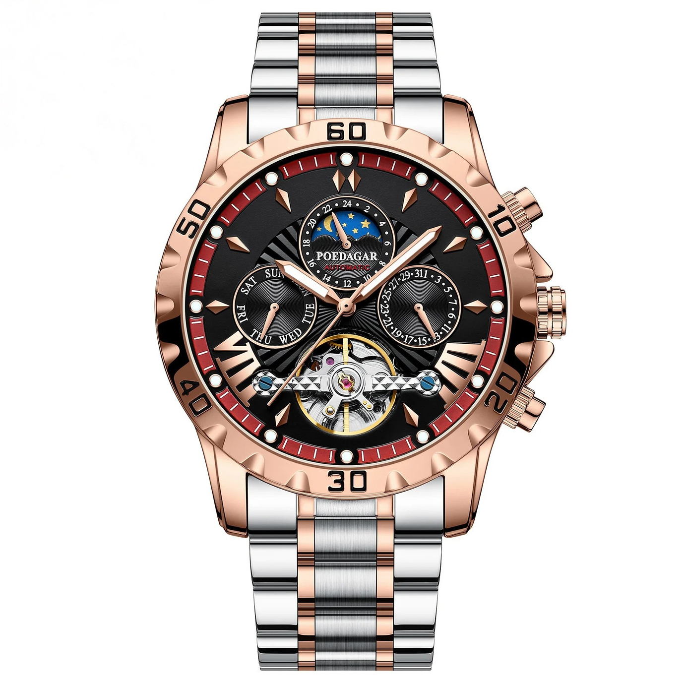 POEDAGAR 1410 Lüks Tourbillon Mekanik Erkek Kol Saati – Su Geçirmez, Işıltılı (Lüminesans Özellikli), Tarih ve Gün Göstergeli, Paslanmaz Çelik, İskelet (Hollow) Tasarım